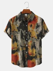 Mens Ethnic Ink Wash Painting Front Buttons Short Sleeve Shirts