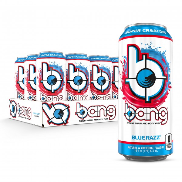 Bang Blue Razz Energy Drink, 0 Calories, Sugar Free with Super Creatine, 16 Fl Oz (Pack of 12) (Packaging May Vary)