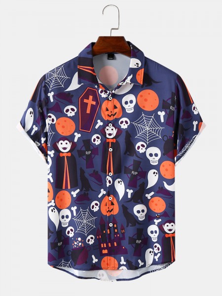 Mens Pumpkin & Skull Halloween Print Short Sleeve All Matched Shirts
