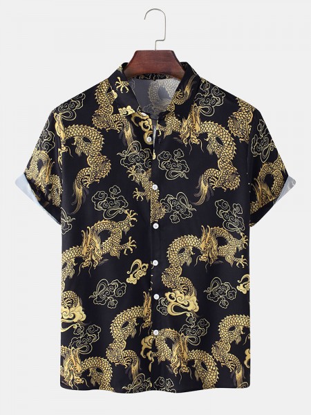 Mens Ethnic Style Dragon Print Button Up Short Sleeve Cotton Casual Shirts