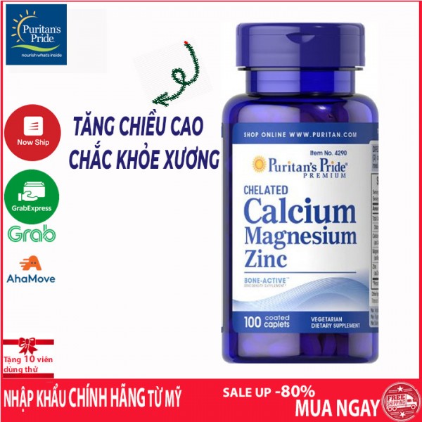 Sales 85% - Cao hơn xương khớp chắc hơn Puritans Pride Chelated Calcium Magnesium & Zinc 100 viên