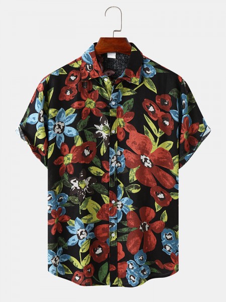Mens Flower Colorful Animated Print Buttons Short Sleeve Shirts