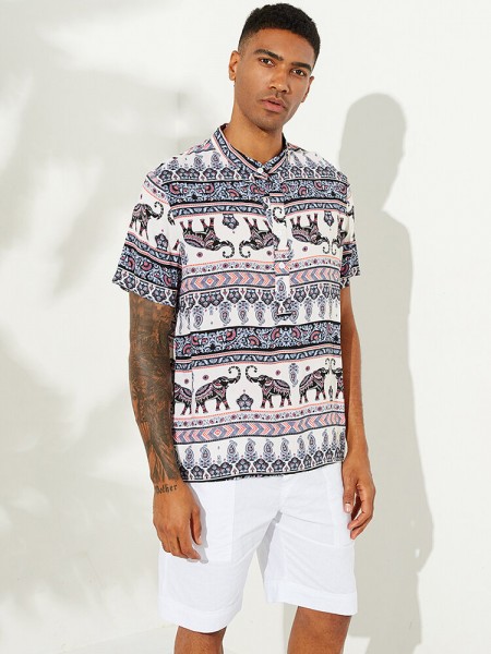 Mens Ethnic Style Pattern Printing Summer Loose Henley Shirt