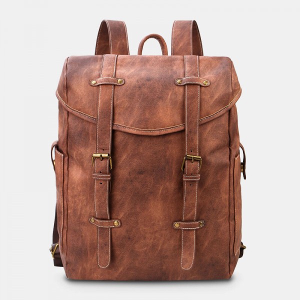 Ekphero Men Vintage Business Outdoor Large Capacity School College Bookbag PU Leather Contrast Color 14 Inch Laptop Bag