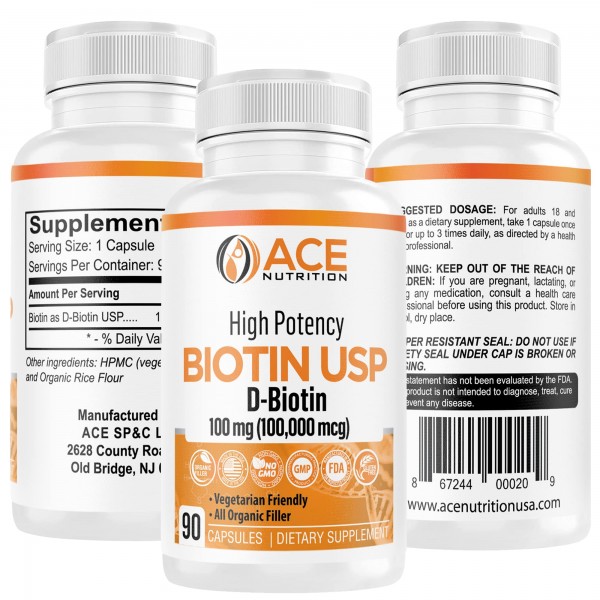 Ace Nutrition High Potency Biotin USP (D-Biotin 100,000mcg) - Superior Biotin, Organic Rice Flour, Vegetarian Capsules for Hair, Skin, & Myelin Hea...