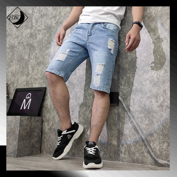 [HCM]Quần short jeans nam màu xám bạc rách BM416