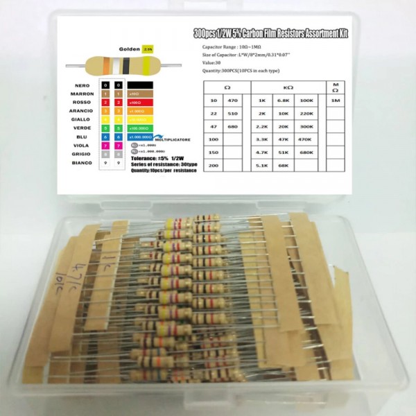 300PCS 30Values 10Ω-1MΩ 1/2W 5% Carbon Film Metal Resistors Assortment Kit