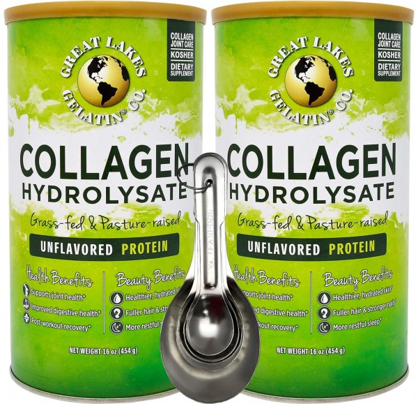 Great Lakes Wellness, 2 Pk Collagen Hydrolysate Unflavored Beef Protein Kosher 16 Oz Cans and Measuring Spoons Combo Pack