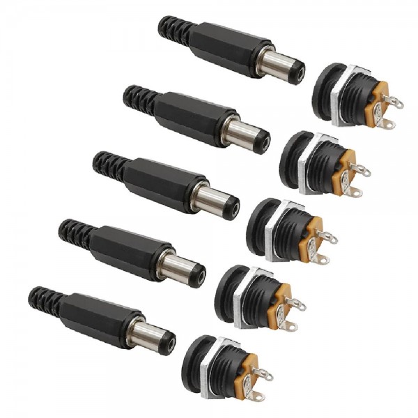 10PCS (5Pairs) 12V 3A 5.5 x 2.1mm Plastic Male Plugs DC022 DC Power Socket Female Jack Screw Nut Panel Mount Connector