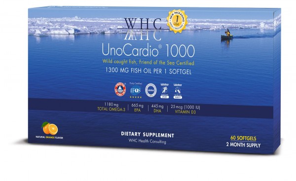 WHC, UnoCardio 1000 Fish Oil (60 Softgels), 1300 mg of Pure Triglyceride Fish Oil with Omega-3 (1180 mg), 665 mg EPA and 445 mg DHA and 25 mcg (100...