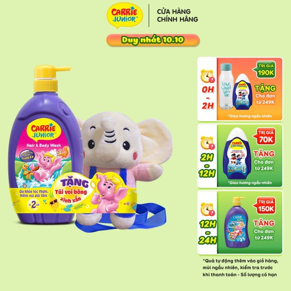 Sữa Tắm Gội cho bé Carrie Junior hương Cherry 700g + Túi Đeo Voi bông (màu ngẫu nhiên)