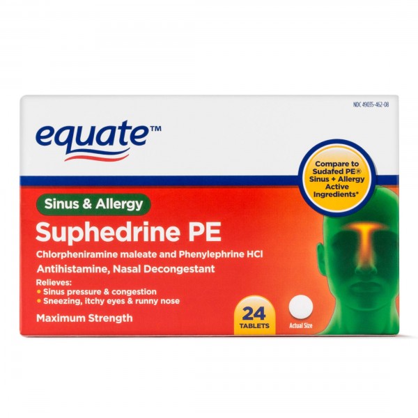 Pack of 10 - Equate Suphedrine PE Sinus & Allergy Antihistamine/Nasal Decongestant Tablets, 24 ct