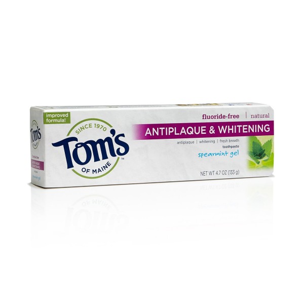 Tom's of Maine 683108 Antiplaque and Whitening Fluoride-Free Natural Toothpaste, Spearmint Gel, 4.7 Ounce, 24 Count