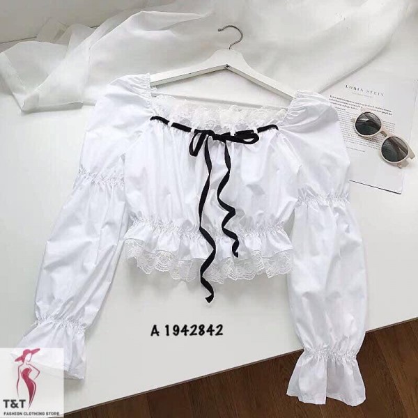 Áo Voan Kiểu Cổ Vuông Form Croptop Phối Dây Nơ Kiểu Hàn Quốc Siu Hot TTS0771