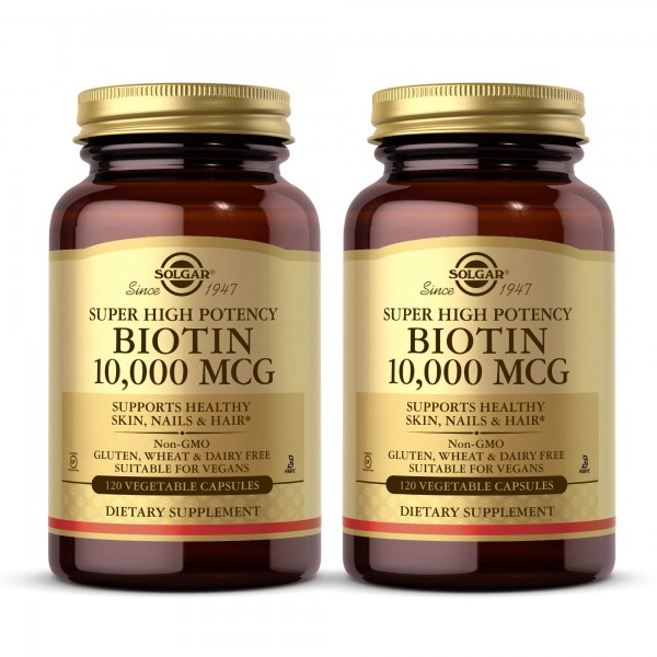 Solgar Biotin 10,000 mcg, 120 Vegetable Capsules - Pack of 2 - Energy, Metabolism, Promotes Healthy Skin, Nails & Hair - Super High Potency - Non-G...