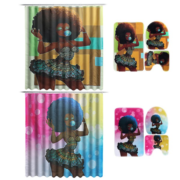 African Fashion Girl Shower Curtain Waterproof Bathroom Toilet Floor Mat Pad