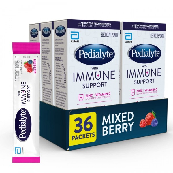 Pedialyte with Immune Support, Electrolytes with Vitamin C and Zinc, Advanced Hydration with PreActiv Prebiotics, Mixed Berry, Electrolyte Drink Po...