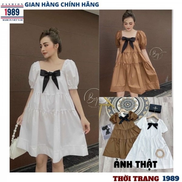 đầm cổ nơ vuông 2 mầu -kiểu dáng hàn quốc vintage siêu hót hít tôn dáng tiểu thư sang chảnh dễ thương cực xinh thời trang 1989