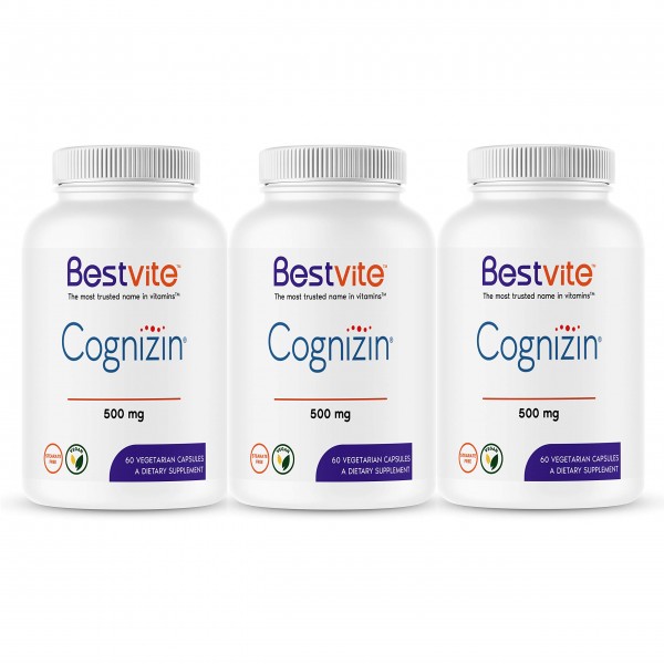 Cognizin Citicoline 500mg (180 Vegetarian Capsules)(3-Pack) - Clinically Studied Form of Citicoline - No Stearates - Vegan - Non GMO - Gluten Free