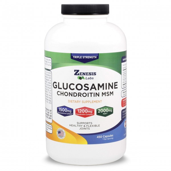 Glucosamine Sulfate + Chondroitin + MSM - 450 Capsules (90 Day Supply) - 1500mg, 1200mg, 2000mg per Serving - Back, Knee Pain Relief