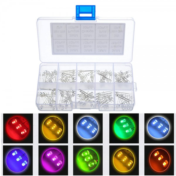 100pcs (10 colors x 10pcs) 3mm LED Diode Kit 3 mm 3V Set Light Emitting Warm White Green Red Blue Yellow Orange Purple U