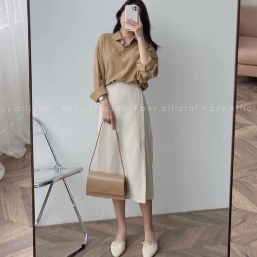 Chân váy midi xẻ tà cạp chun Shynstores vải đũi siêu xinh