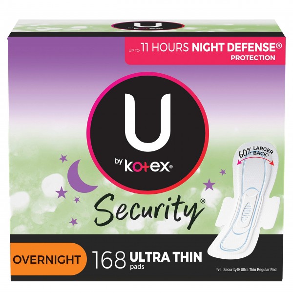 U by Kotex Security Overnight Feminine Pads with Wings, Ultra Thin, 168 Count (6 Packs of 28) (Packaging May Vary)