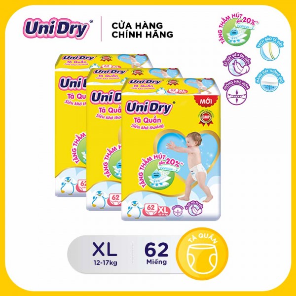 [Freeship] Combo 3 tã quần Unidry Siêu khô thoáng gói Super Jumbo size XL (62 miếng)