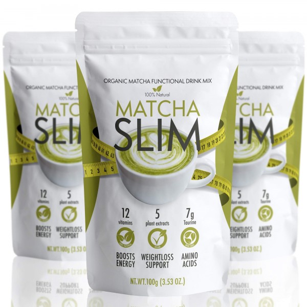 Matcha Slim 2+1 - Energy Drink Mix Powder Supplement with Taurine & Spirulina 3.53oz – Natural, Sugar Free, Vitamin Rich Green Tea Diet for Women, Men