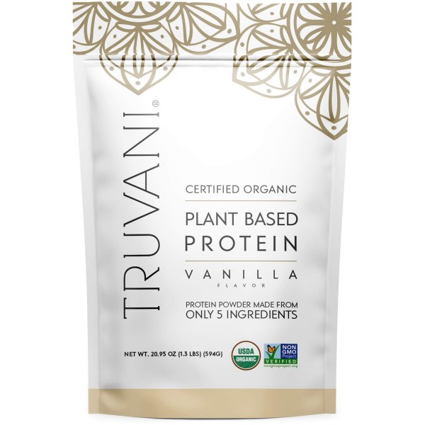 Truvani Plant Based USDA Certified Organic Protein Powder, Vanilla, 20.9oz (1pk, 20 Servings)